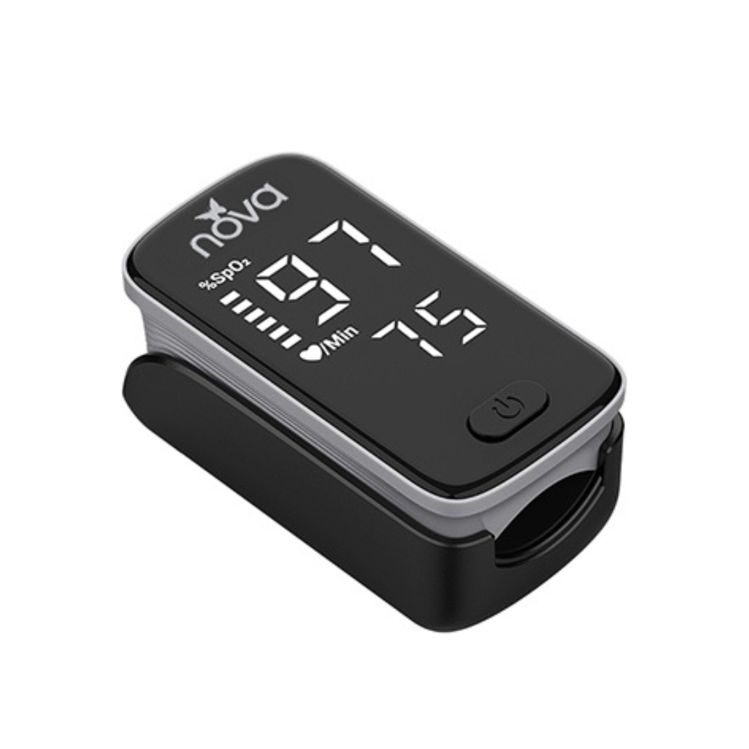 The Nova Medical Finger Tip Pulse Oximeter, in black and silver, displays 97% oxygen saturation and a pulse rate of 75 on its screen. This compact monitor features a convenient front power button for easy operation.